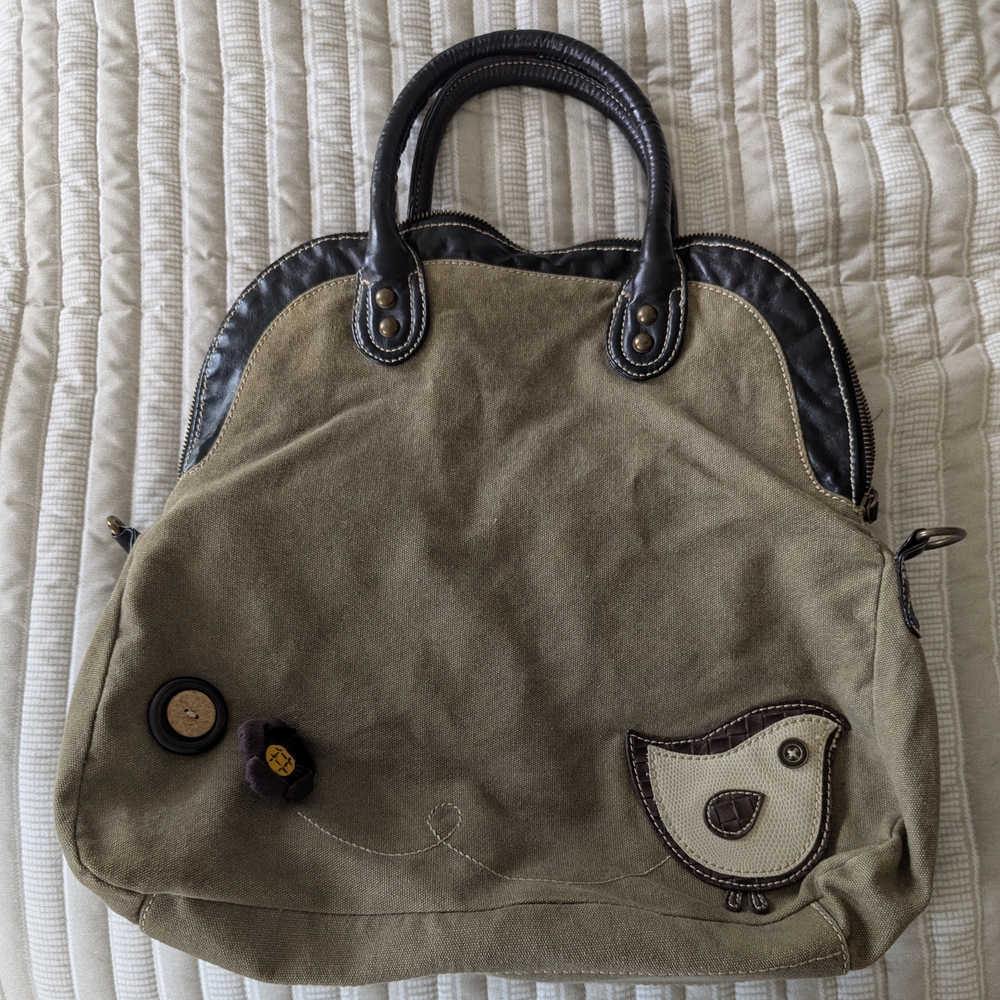 Charming Tan and Black Tote with Bird Design